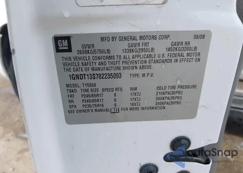 2008 Chevrolet Trailblazer Fleet из США, поврежденный, VIN 1GNDT13S782235093